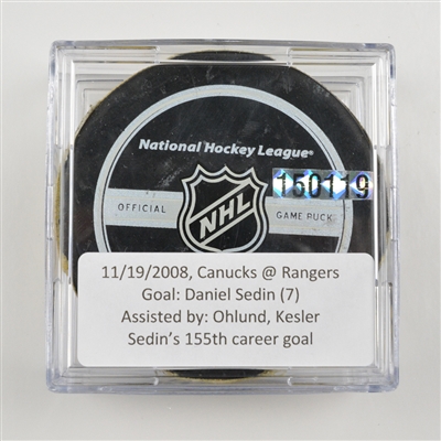 Daniel Sedin - Vancouver Canucks - Goal Puck - November 19, 2008 vs. New York Rangers (Rangers Logo)