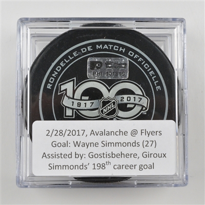 Wayne Simmonds - Philadelphia Flyers - Goal Puck - February 28, 2017 vs. Colorado Avalanche (Flyers Logo)