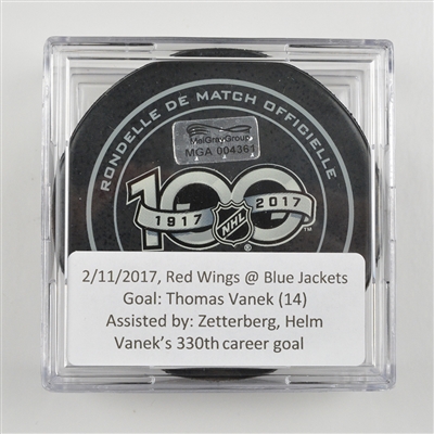 Thomas Vanek - Detroit Red Wings - Goal Puck - February 11, 2017 vs. Columbus Blue Jackets (Blue Jackets Logo)