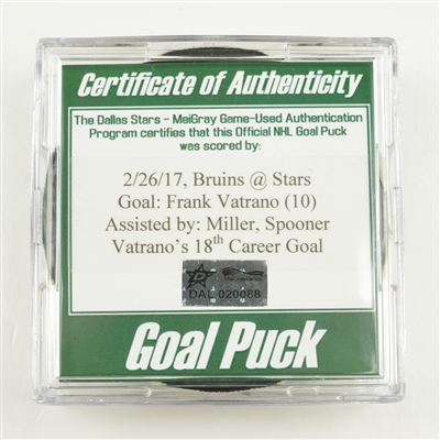 Frank Vatrano - Boston Bruins - Goal Puck - February 26, 2017 vs. Dallas Stars (Stars Logo)