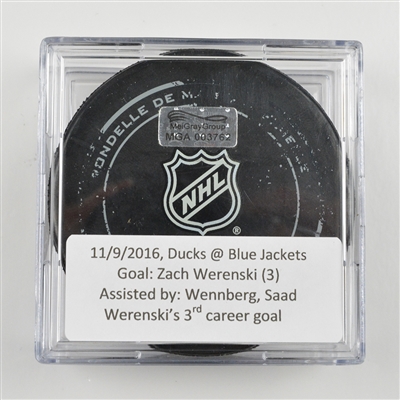 Zach Werenski - Columbus Blue Jackets - Goal Puck (Malkin Assist) - November 9, 2016 vs. Anaheim Ducks (Blue Jackets Logo)