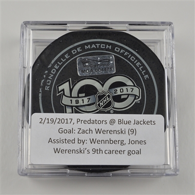 Zach Werenski - Columbus Blue Jackets - Goal Puck - February 19, 2017 vs. Nashville Predators (Blue Jackets Logo)