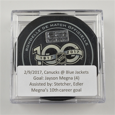 Jayson Megna - Vancouver Canucks - Goal Puck - February 9, 2017 vs. Columbus Blue Jackets (Blue Jackets Logo)