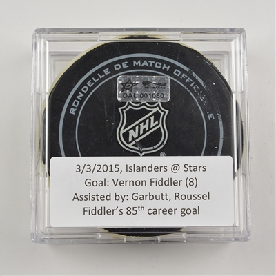Vernon Fiddler - Dallas Stars - Goal Puck - March 3, 2015 vs. New York Islanders (Stars Logo)