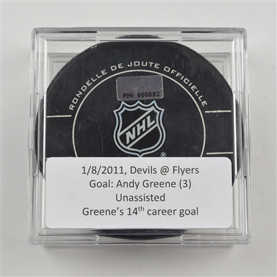 Andy Greene - New Jersey Devils - Goal Puck - January 8, 2011 vs. Philadelphia Flyers (Flyers Logo)