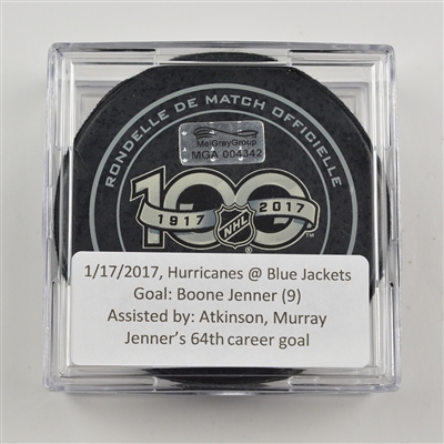 Boone Jenner - Columbus Blue Jackets - Goal Puck - January 17, 2017 vs. Carolina Hurricanes (Blue Jackets Logo)