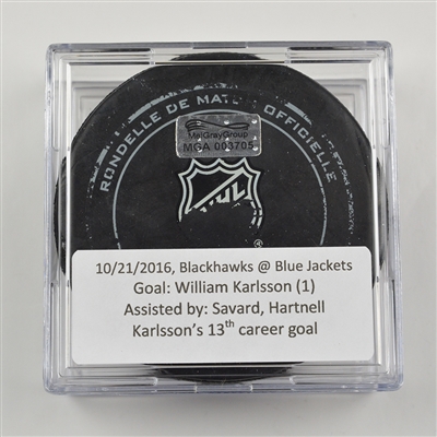 William Karlsson - Columbus Blue Jackets - Goal Puck - October 21, 2016 vs. Chicago Blackhawks (Blue Jackets Logo)