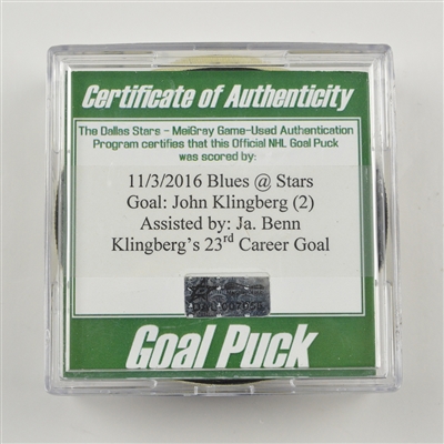 John Klingberg - Dallas Stars - Goal Puck - November 3, 2016 vs. St. Louis Blues (Stars Logo)