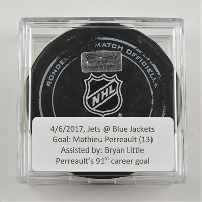 Mathieu Perreault - Winnipeg Jets - Goal Puck - April 6, 2017 vs. Columbus Blue Jackets (Blue Jackets Logo)