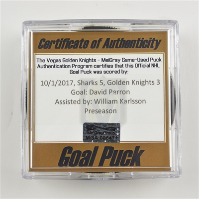 David Perron - Vegas Golden Knights - Goal Puck - October 1, 2017 vs. San Jose Sharks (Golden Knights Logo) - Preseason