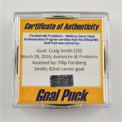 Craig Smith - Nashville Predators - Goal Puck - March 28, 2016 vs. Colorado Avalanche (Predators logo)