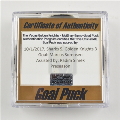 Marcus Sorensen - San Jose Sharks - Goal Puck - October 1, 2017 vs. Vegas Golden Knights (Golden Knights Logo) - Preseason