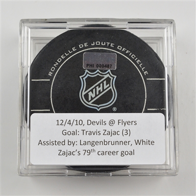 Travis Zajac - New Jersey Devils - Goal Puck - December 4, 2010 vs. Philadelphia Flyers (Flyers Logo)