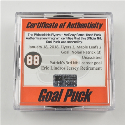 Nolan Patrick - Philadelphia Flyers - Goal Puck - Jan. 18, 2018 (Flyers Eric Lindros Jersey Retirement Night #88 Logo)