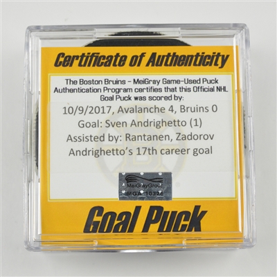 Sven Andrighetto - Colorado Avalanche - Goal Puck - October 9, 2017 vs. Boston Bruins (Bruins Logo)