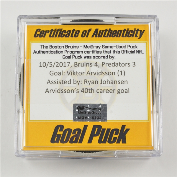 Viktor Arvidsson - Nashville Predators - Goal Puck - October 5, 2017 vs. Boston Bruins (Bruins Logo)