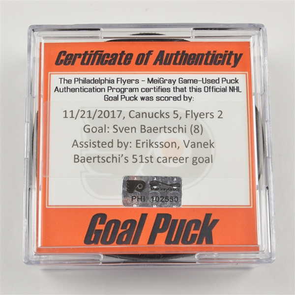 Sven Baertschi - Vancouver Canucks - Goal Puck - November 21, 2017 vs. Philadelphia Flyers (Flyers Logo)