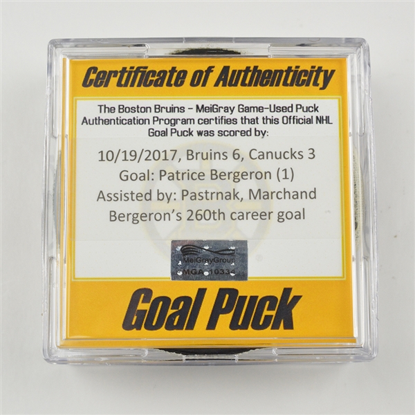 Patrice Bergeron - Boston Bruins - Goal Puck - October 19, 2017 vs. Vancouver Canucks (Bruins Logo)