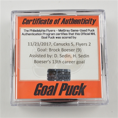 Brock Boeser - Vancouver Canucks - Goal Puck - November 21, 2017 vs. Philadelphia Flyers (Flyers Logo)