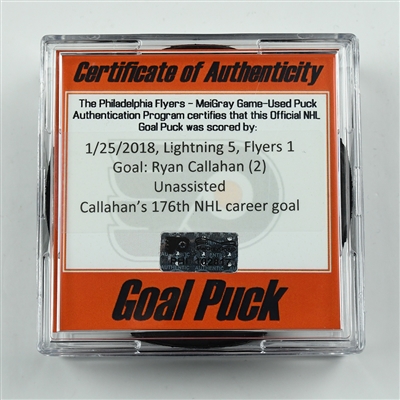 Ryan Callahan - Tampa Bay Lightning - Goal Puck - January 25, 2018 vs. Philadelphia Flyers (Flyers Logo)
