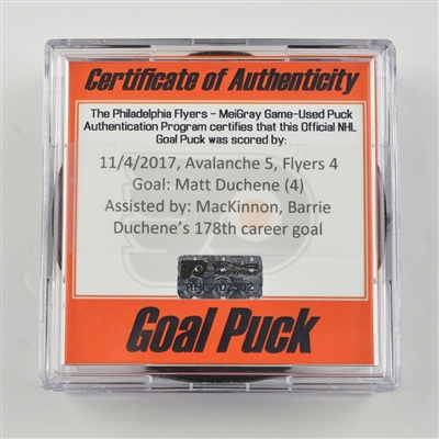 Matt Duchene - Colorado Avalanche - Goal Puck - November 4, 2017 vs. Philadelphia Flyers (Flyers Logo)