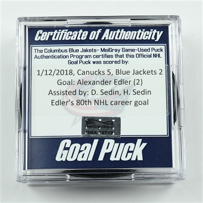 Alexander Edler - Vancouver Canucks - Goal Puck - January 12, 2018 vs. Columbus Blue Jackets (Blue Jackets Logo)