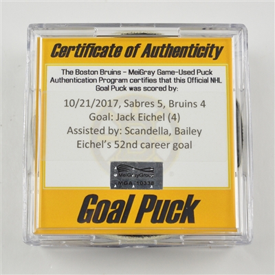 Jack Eichel - Buffalo Sabres - Goal Puck - October 21, 2017 vs. Boston Bruins (Bruins Logo)
