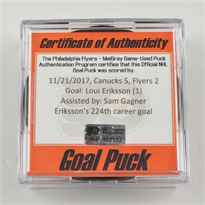 Loui Eriksson - Vancouver Canucks - Goal Puck - November 21, 2017 vs. Philadelphia Flyers (Flyers Logo)