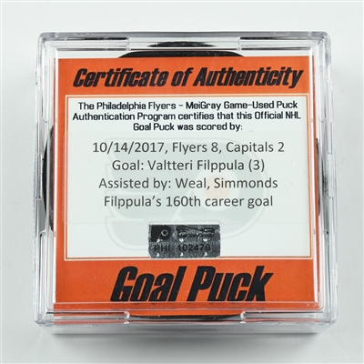 Valtteri Filppula - Philadelphia Flyers - Goal Puck - October 14, 2017 vs. Washington Capitals (Flyers Logo)