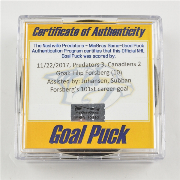 Filip Forsberg - Nashville Predators - Goal Puck - November 22, 2017 vs. Montreal Canadiens (Predators Logo)