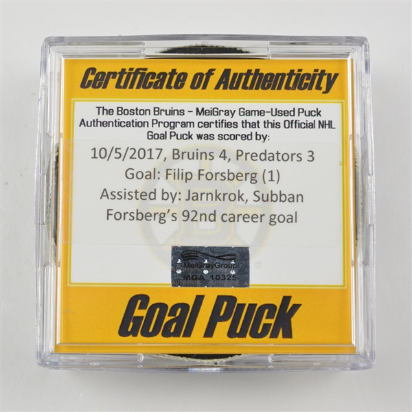 Filip Forsberg - Nashville Predators - Goal Puck - October 5, 2017 vs. Boston Bruins (Bruins Logo)