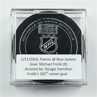Michael Frolik - Calgary Flames - Goal Puck - January 21, 2016 vs. Columbus Blue Jackets (Blue Jackets Logo)