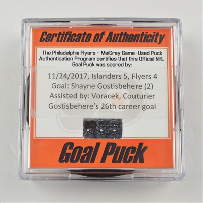 Shayne Gostisbehere - Philadelphia Flyers - Goal Puck - November 24, 2017 vs. New York Islanders (Flyers Logo)