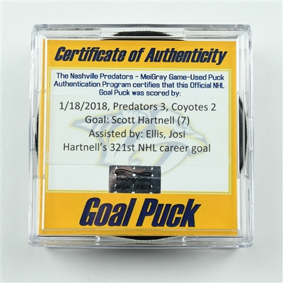 Scott Hartnell - Nashville Predators - Goal Puck - January 18, 2018 vs. Arizona Coyotes (Predators Logo)