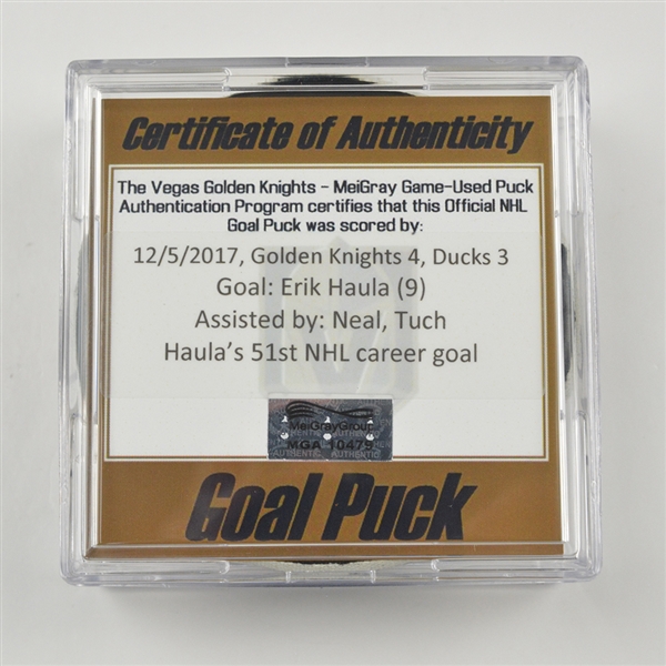 Erik Haula - Vegas Golden Knights - Goal Puck - December 5, 2017 vs. Anaheim Ducks (Golden Knights Logo)