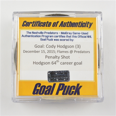 Cody Hodgson - Nashville Predators - Goal Puck - December 15, 2015 vs. Calgary Flames (Predators Logo)