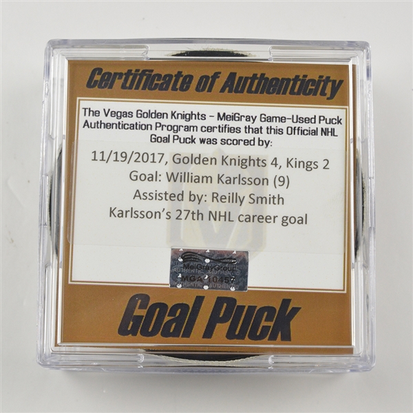 William Karlsson - Vegas Golden Knights - Goal Puck - November 19, 2017 vs. Los Angeles Kings (Golden Knights Logo)