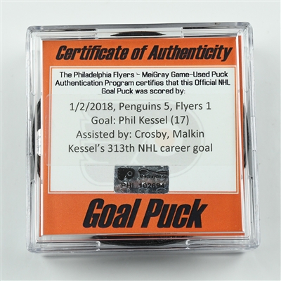Phil Kessel - Pittsburgh Penguins - Goal Puck - January 2, 2018 vs. Philadelphia Flyers (Flyers Logo)