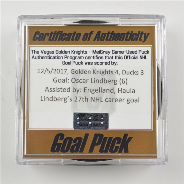 Oscar Lindberg - Vegas Golden Knights - Goal Puck - December 5, 2017 vs. Anaheim Ducks (Golden Knights Logo)