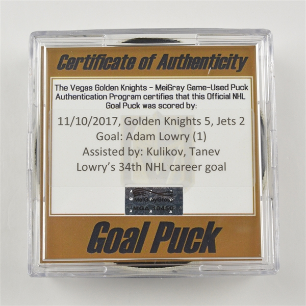 Adam Lowry - Winnipeg Jets - Goal Puck - November 10, 2017 vs. Vegas Golden Knights (Golden Knights Logo)