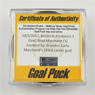 Brad Marchand - Boston Bruins - Goal Puck - October 5, 2017 vs. Nashville Predators (Bruins Logo)