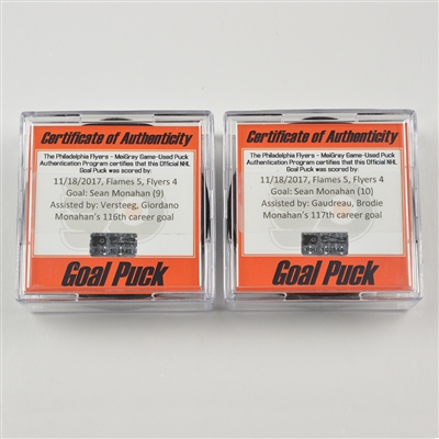 Sean Monahan - Calgary Flames - Set of 2 Goal Pucks from Hat Trick - November 18, 2017 vs. Philadelphia Flyers (Flyers Logo)