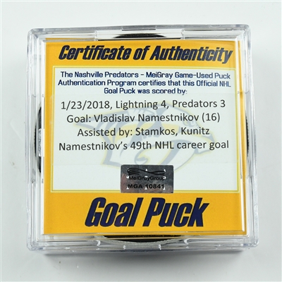 Vladislav Namestnikov - Tampa Bay Lightning - Goal Puck - January 23, 2018 vs. Nashville Predators (Predators Logo)