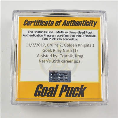 Riley Nash - Boston Bruins - Goal Puck - November 2, 2017 vs. Vegas Golden Knights (Bruins Logo)