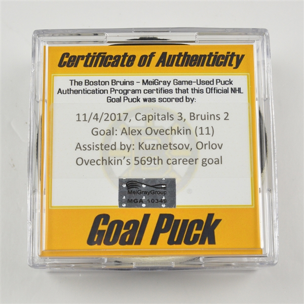 Alex Ovechkin - Washington Capitals - Goal Puck - November 4, 2017 vs. Boston Bruins (Bruins Logo)