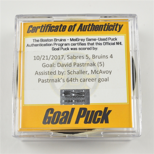 David Pastrnak - Boston Bruins - Goal Puck - October 21, 2017 vs. Buffalo Sabres (Bruins Logo)