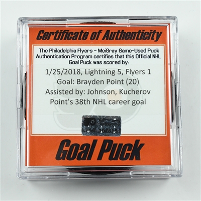 Brayden Point - Tampa Bay Lightning - Goal Puck - January 25, 2018 vs. Philadelphia Flyers (Flyers Logo)