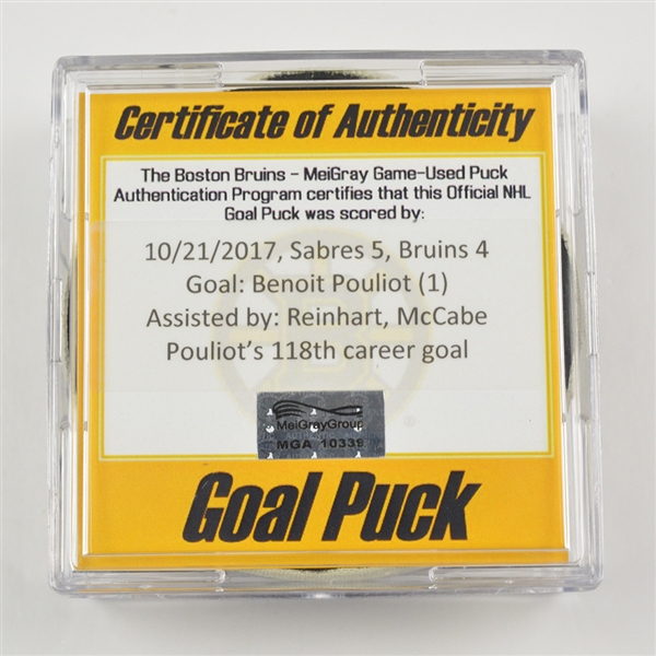 Benoit Pouliot - Buffalo Sabres - Goal Puck - October 21, 2017 vs. Boston Bruins (Bruins Logo)