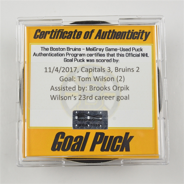 Tom Wilson - Washington Capitals - Goal Puck - November 4, 2017 vs. Boston Bruins (Bruins Logo)