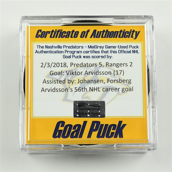 Viktor Arvidsson - Nashville Predators - Goal Puck - February 3, 2018 vs. New York Rangers (Predators Logo)